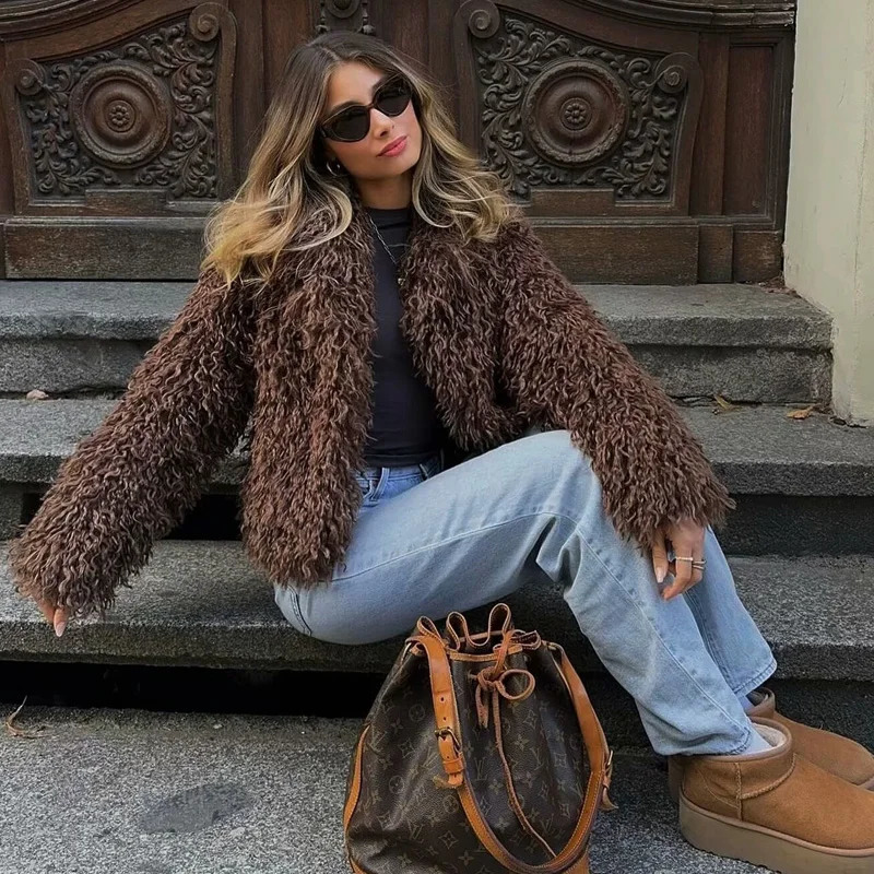 TRAF Womens Jacket Plush Teddy Coat Womens Coat and Jacket Crop Brown Coat Long Sleeve Coat Warm Winter Coat 241112