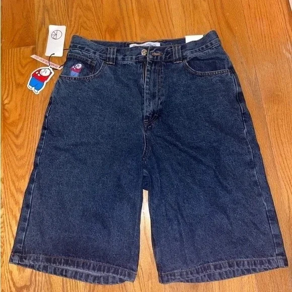 Harajuku Streetwear Polar Big Boy Dark Blue Jean Shorts Y2K Hip Hop Cartoon Graphic Embroidery Baggy Denim Gym Shorts Men 240409