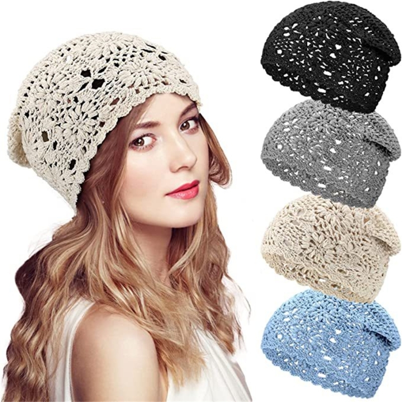 Slouchy Beanie Handmade Crochet Soft Knit Hat Cutout Floral Skull Cap for Girls Dropship