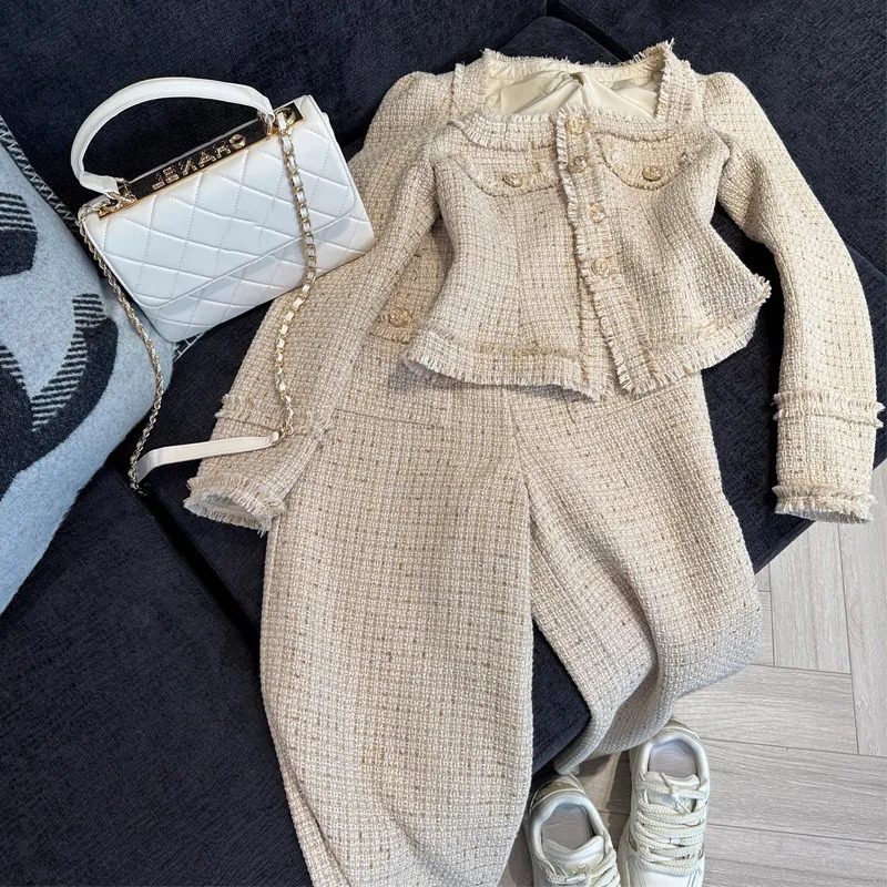 Womens Slim Tweed Pants Suits High Waist Long TrousersSquare Collar Cropped Coat Elegant 2 Piece Set Female Outfits 241112