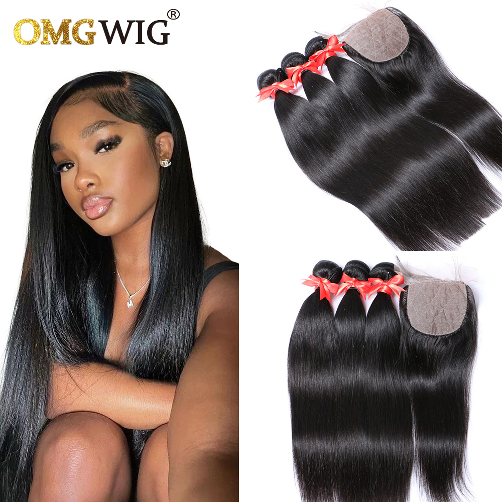 Natural Black Color Hair Bundles With 4x4 Base Closures Straight Brazilian Human Hair Free Part Bleached Knots Transparent Lace e2bf9