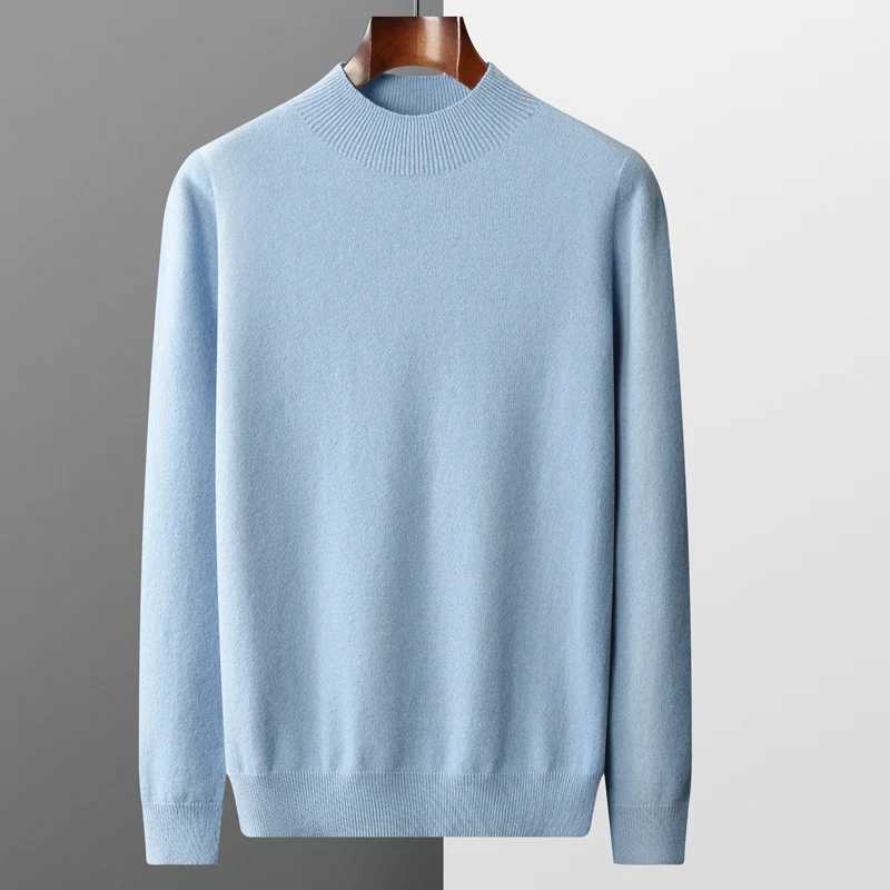 100% Merino wool mens sweater turtle neck knitted long sleeved mens zipper basic solid color casual mens top W2411111