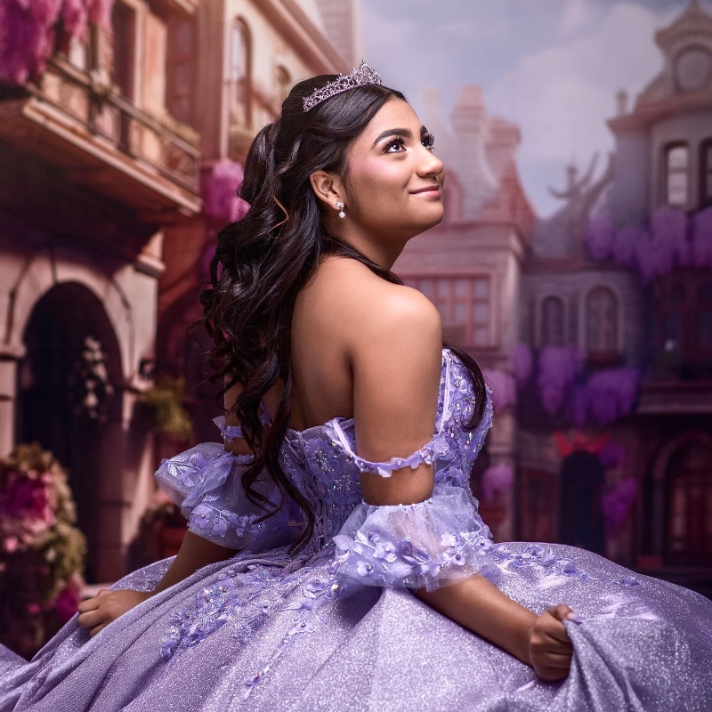 Lilac Shiny Princess Quinceanera Dresses Sequined Lace Applique Beads Ball Skirt Sweet 16 Birthay Party Prom Gown Vestido De 15 Anos