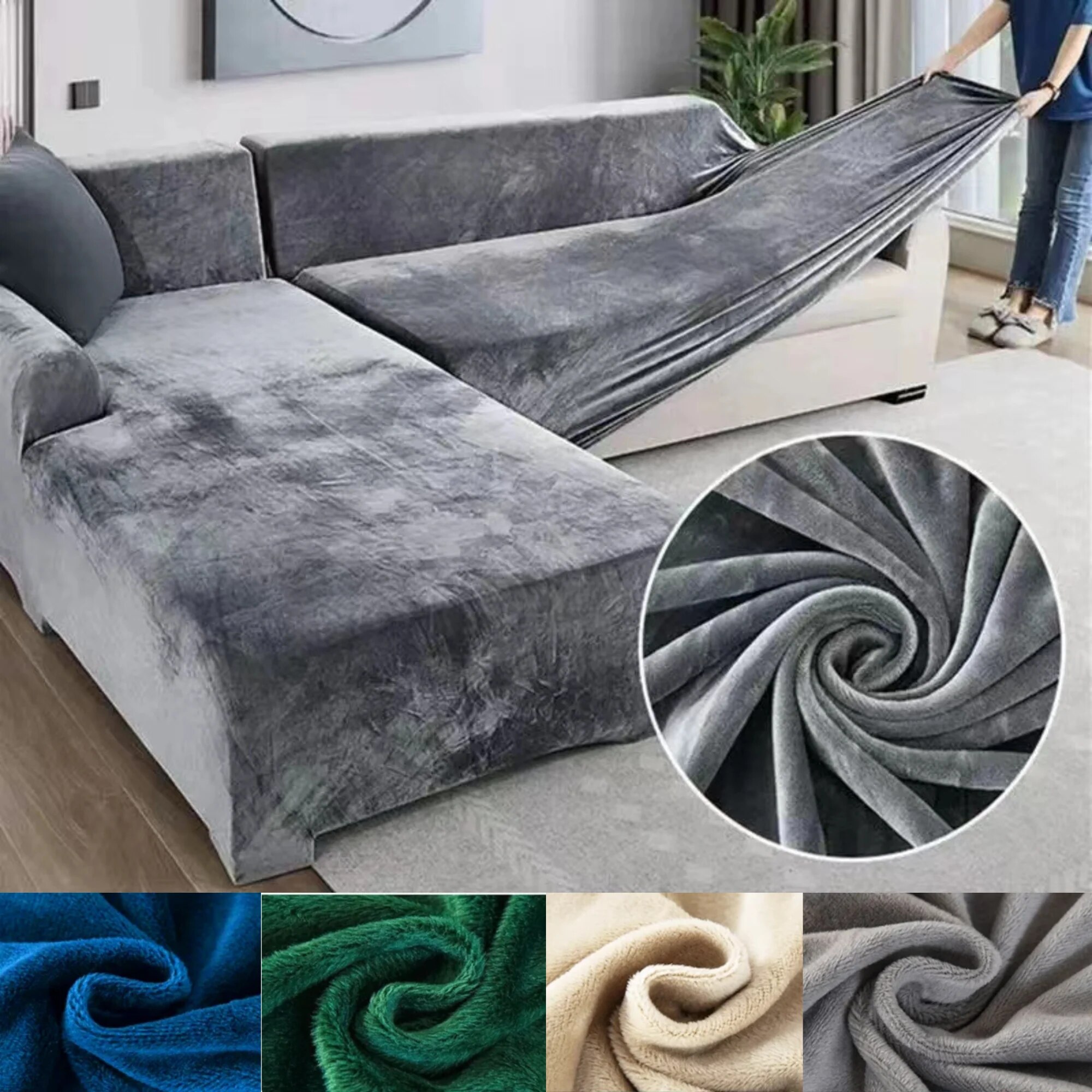 L Shaped Corner Sofa Cover Velvet Sofa Cover Thick Elastic1/2/3/4 Seater Sofa Cover for Living Room Velvet Plush L Shaped Corner