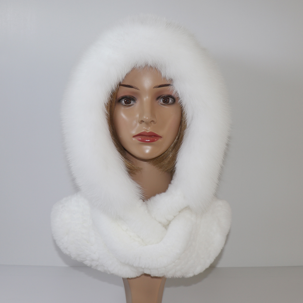 New Winter Women Natural Fox Hats&Scarves Lady Warm Fluffy Rex Rabbit Hat&Scarf Knit Real Fur Hooded Scarfs