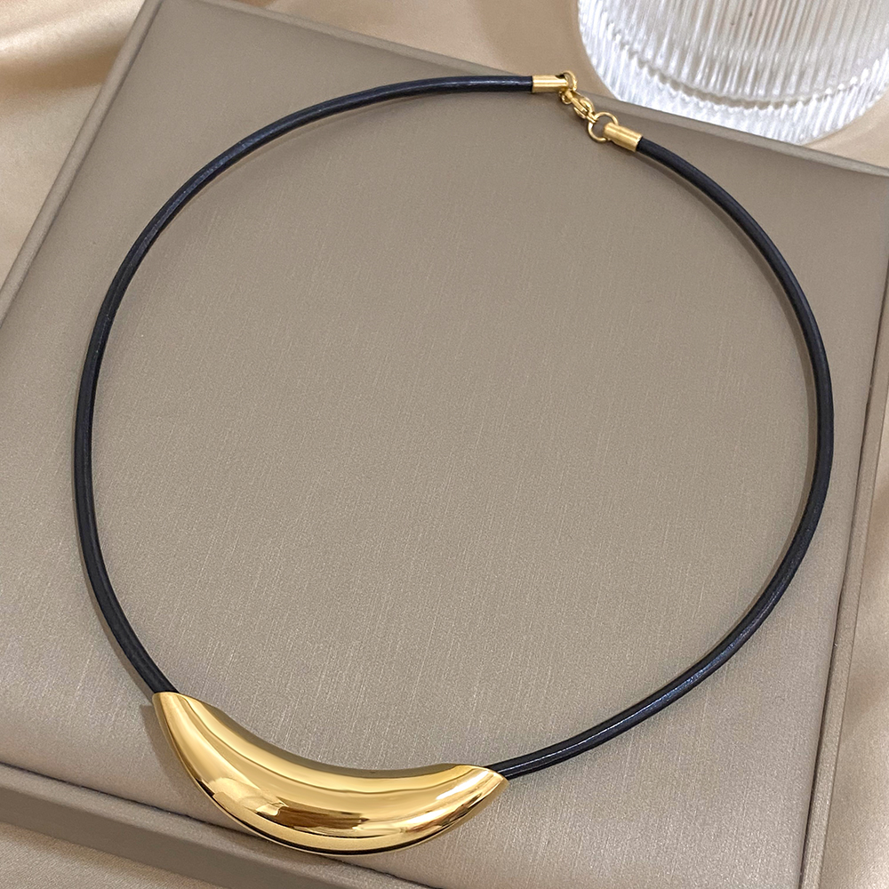 HAO Vintage Chunky Gold Color Metal Tube Pendant Black Leather Wax Rope Choker Necklaces for Women New Charm Jewelry Gift 5