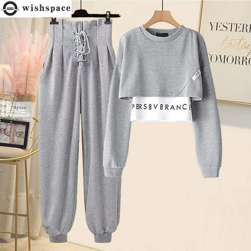 Korean Autumn Long Sleeve Tshirt High Waist Lace Casual Harun Trousers Two Piece Elegant Womens Pants Set 241108