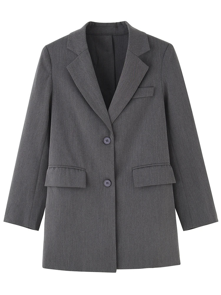 er Back Button Blazer Womens Grey Notched Long Sleeve Fashion Womens Coat Spring Collection 241111