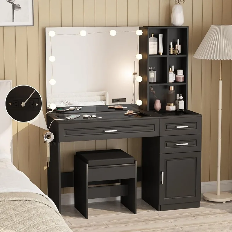 White Vanity Desk with Mirror and Lights,Glass Top Vanity Table with 3 Drawers and Cabinets,Large HD Mirror Makeup Desk,45 in(L)