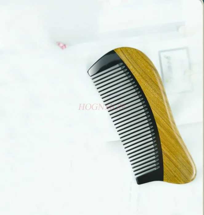 Natural Green Sandalwood Comb - Non static Wood Fine Teeth Black Water Bull Horn Comb W241112