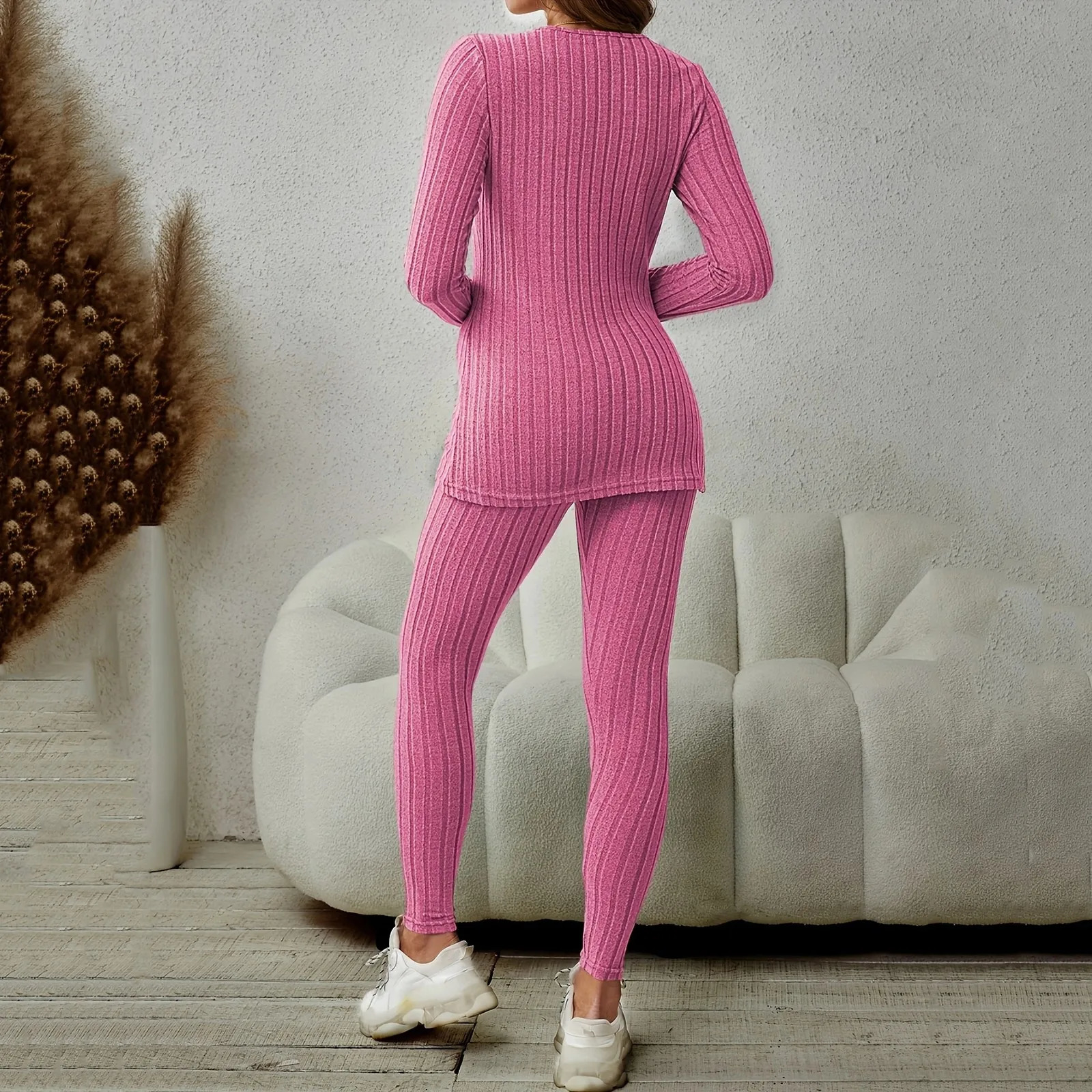 Plus Size Casual Outfits Sets Solid Ribbed Long Sleeve Round Neck Split Hem Top Pants 2 Piece Set 241108