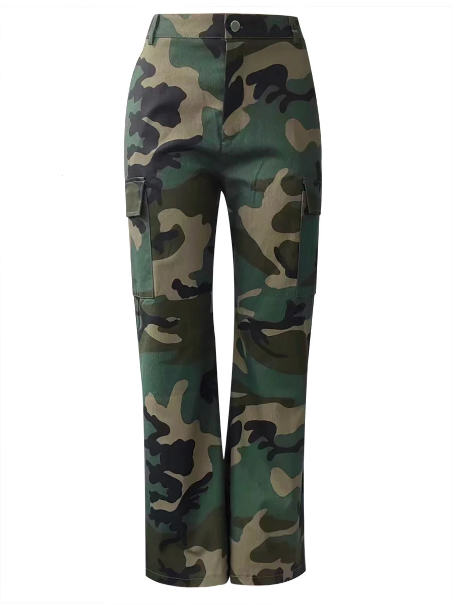LW High Waist Camo Multicolor Cargo Pants Street Casual Side Pocket Camouflage Women Streetwears Ladys Straight Trousers 241112