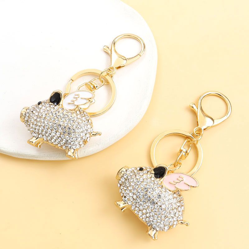 Lovely Little Flying Pig Rhinestones Enamel Keychain Couple Jewelry Bag Keys Pendant Car Interior Animal Keyring Birthday Gift