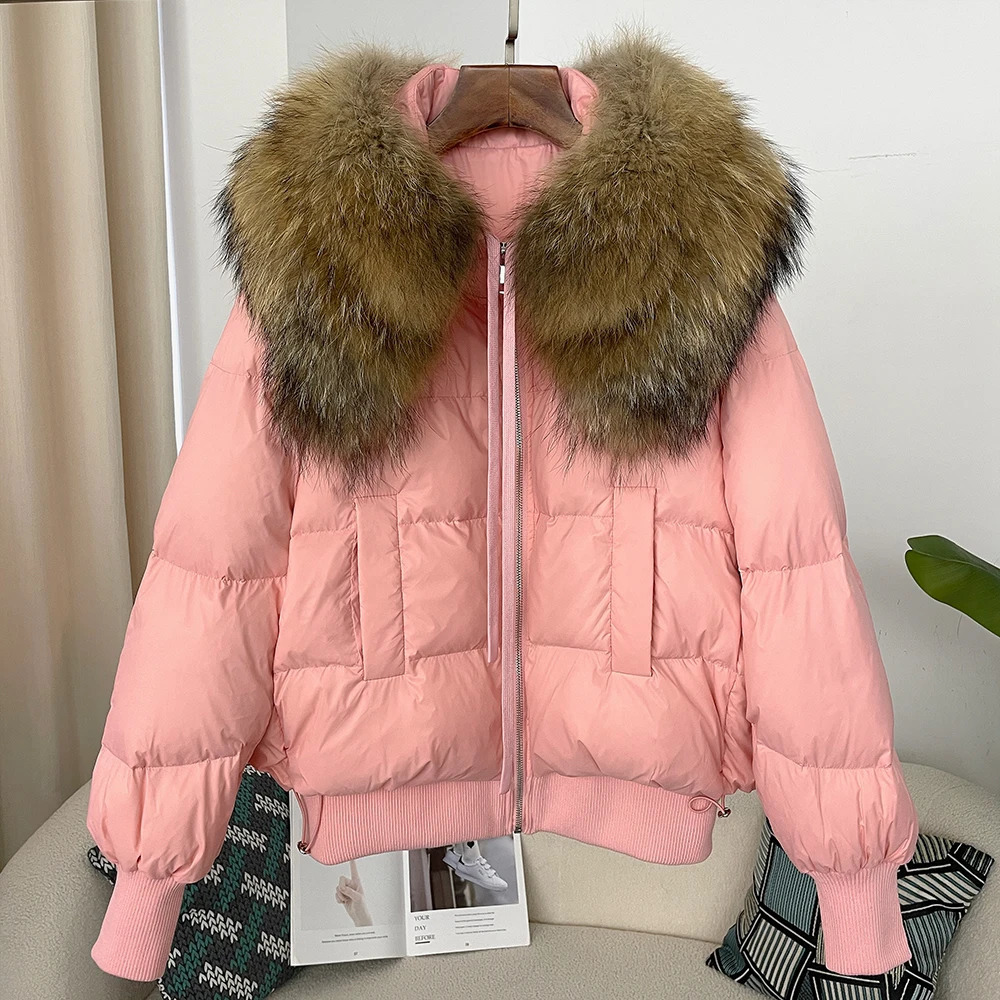 Natural Raccoon Fur Coat Winter Genuine Fur Inflatable Jacket Womens Thick Shorts Parkas Womens Loose 90 White Duck Down Coat 241112