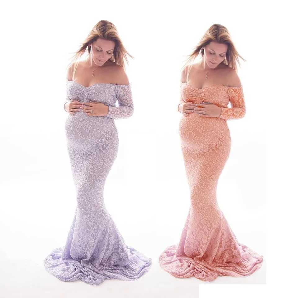 Maternity Dresses Women Ruched Floral Lace Maternity Photography Prop Long Sleeve Maxi Dress Fancy Wedding Pregnancy Gown Baby Shower Photoshoot 24412