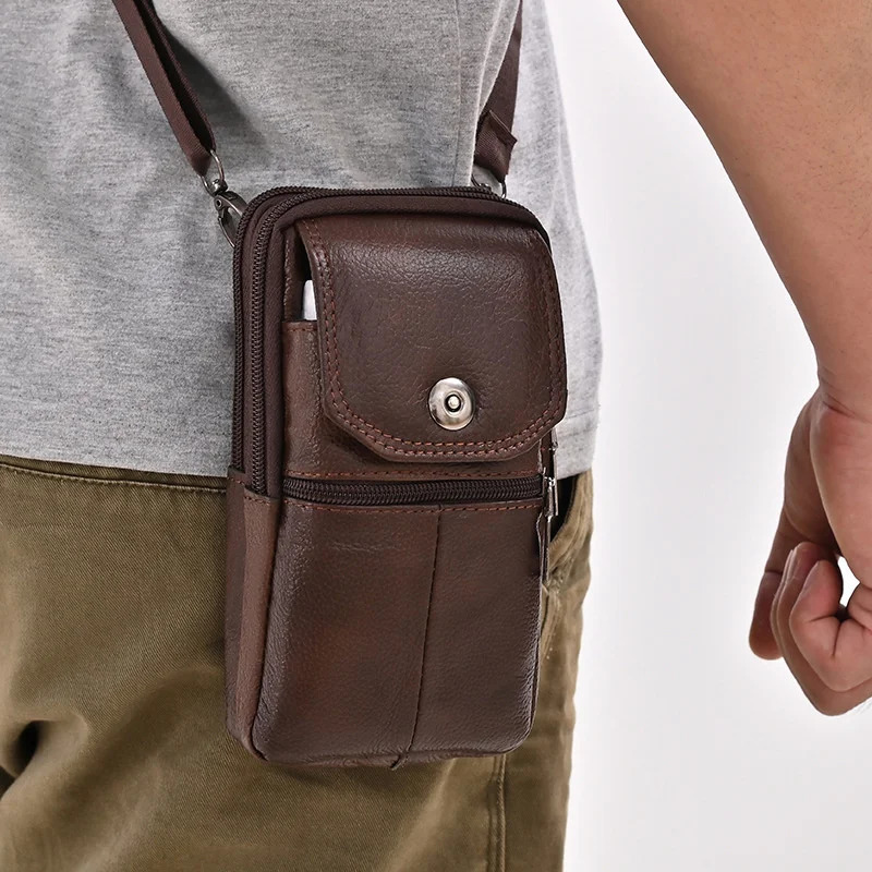 Mens Messenger Bag Cowhide Leather Mobile Phone Pouch Men Wallet Small Travel Waist Male MultiPockets Chest 241111