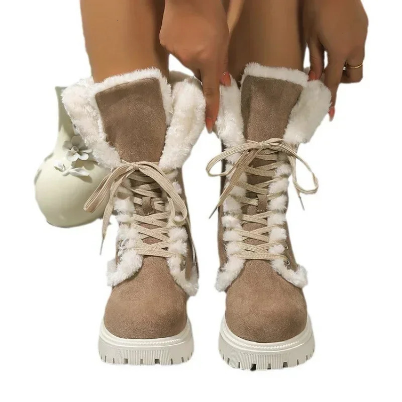 Thicken Plush Snow Boots for Women Winter Faux Fur Platform Ankle Boots Woman Mid-calf Lace-up Snow Boots Thickened Cotton Shoes 241112