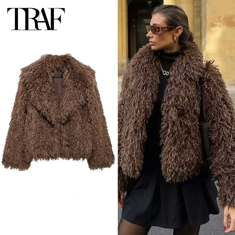 TRAF Womens Jacket Plush Teddy Coat Womens Coat and Jacket Crop Brown Coat Long Sleeve Coat Warm Winter Coat 241112