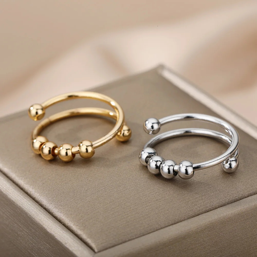 Anxiety Ring Beads Rings For Women Men Stainless Steel Spinner Spiral Simulated Freely Anti Stress Fidget Jewelry 241112