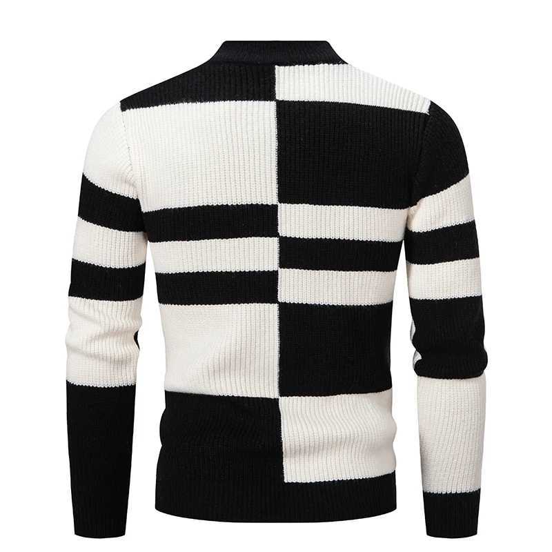 New mens black and white striped turtle neck sweater fashionable long sleeved knitted wool sweater W2411111