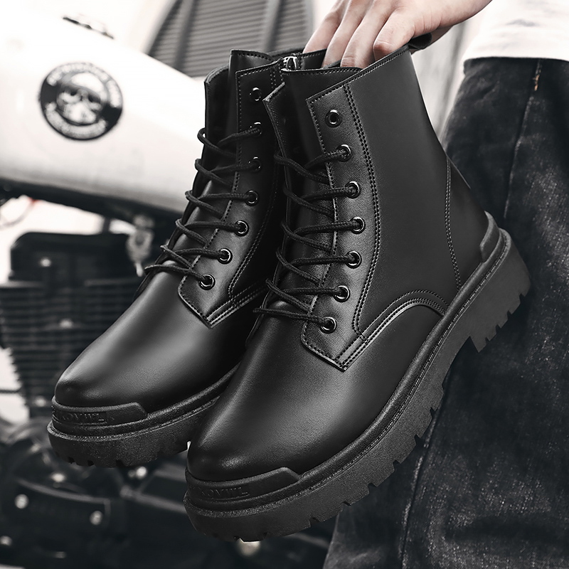 Autumn Brand Winter New Leather Ankle Men's Motorcycle Lace Up Trend Short Boots Youth Round Toe Work Shoes 6066