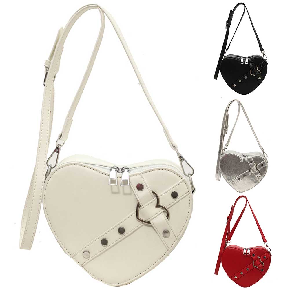 Women Heart Crossbody Bags PU Leather Small Heart Rivet Bag Solid Color Adjustable Strap Female Outdoor Bag