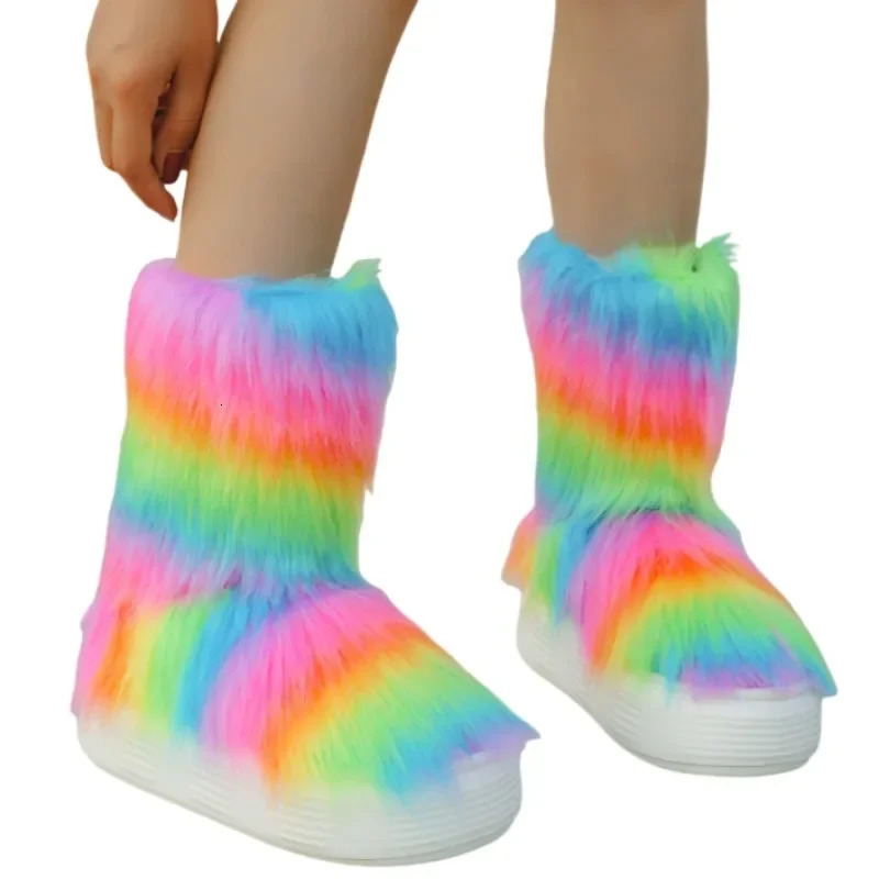 Rainbow Fur Ankle Women Snow Boots Platform Shoes Winter 2025 Warm Flats Chelsea Boots Short Plush Fashion Women Shoes 241112