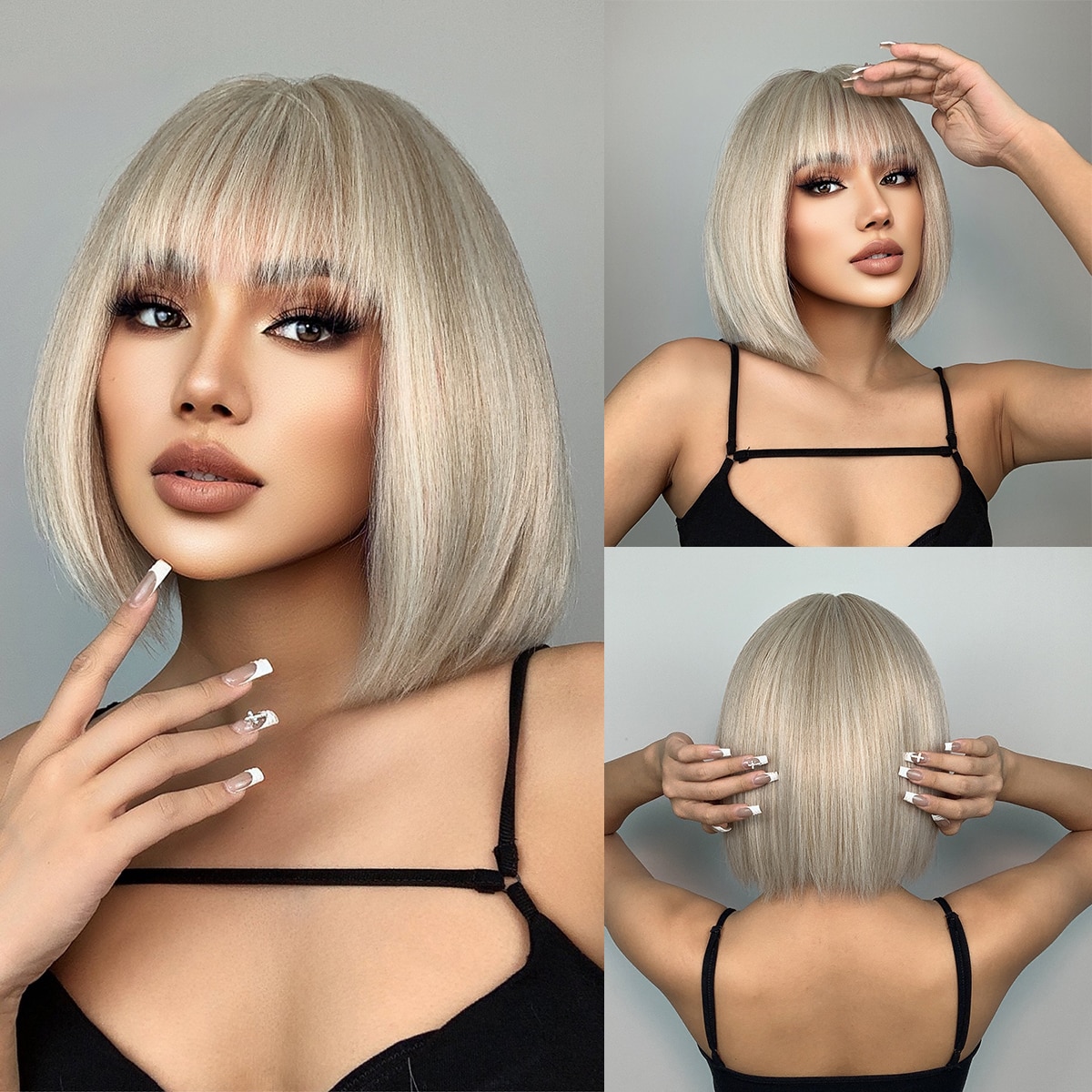 Straight White Platinum Wigs for Women Short Bob Synthetic With Bangs Shoulder Length Heat Resistant Cosplay Wig