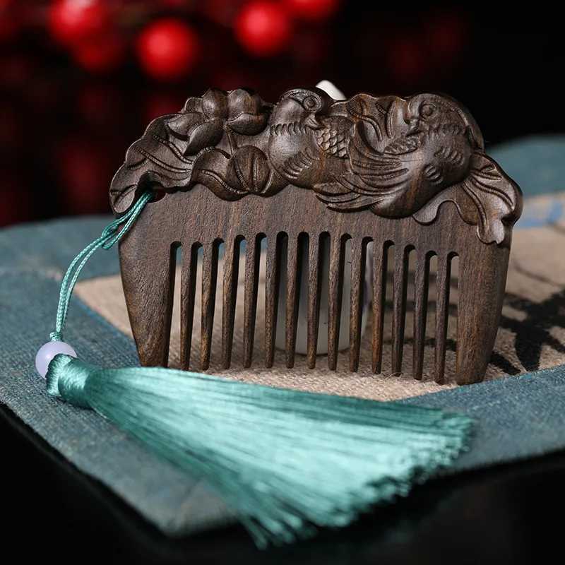 Charcoal flower bird comb natural peach wood small comb anti-static head massage hair comb easy to carry for travel W241112