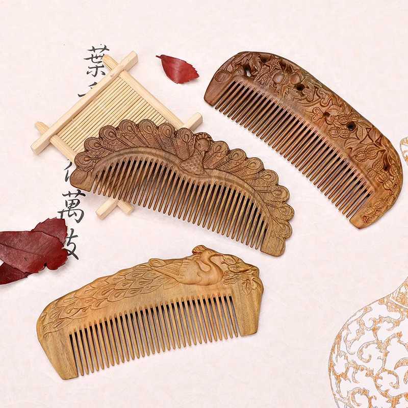 Handmade natural green sandalwood comb portable double-sided carved wooden comb anti-static head massage and hair care tool W241112