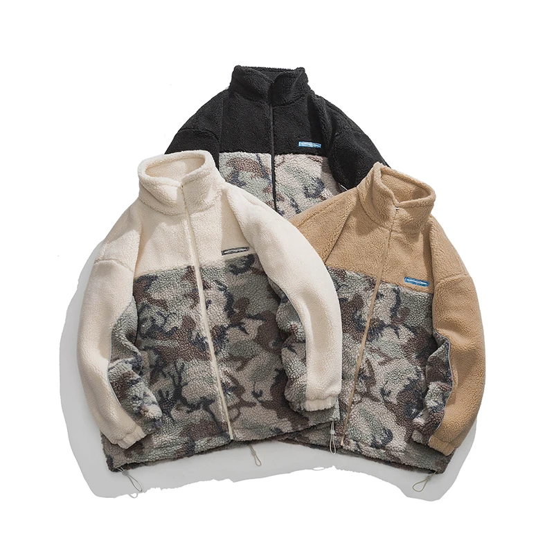 Winter Warm Fleece Jacket Men Camouflage Patchwork Couples Thick Stand Collar Zip-Up Loose Padded Coat High Quality Outerwear