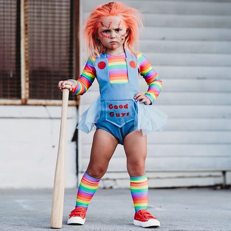 Baby Girl Boy Halloween Clothes Set RomperLong Sleeve Shirt 2PCS Child Chucky Doll Evil Bodysuit Costume Baby Clothes 2-7Y 240329