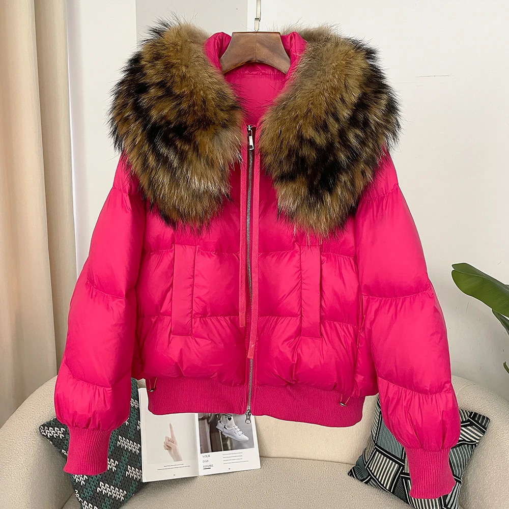 Natural Raccoon Fur Coat Winter Genuine Fur Inflatable Jacket Womens Thick Shorts Parkas Womens Loose 90 White Duck Down Coat 241112