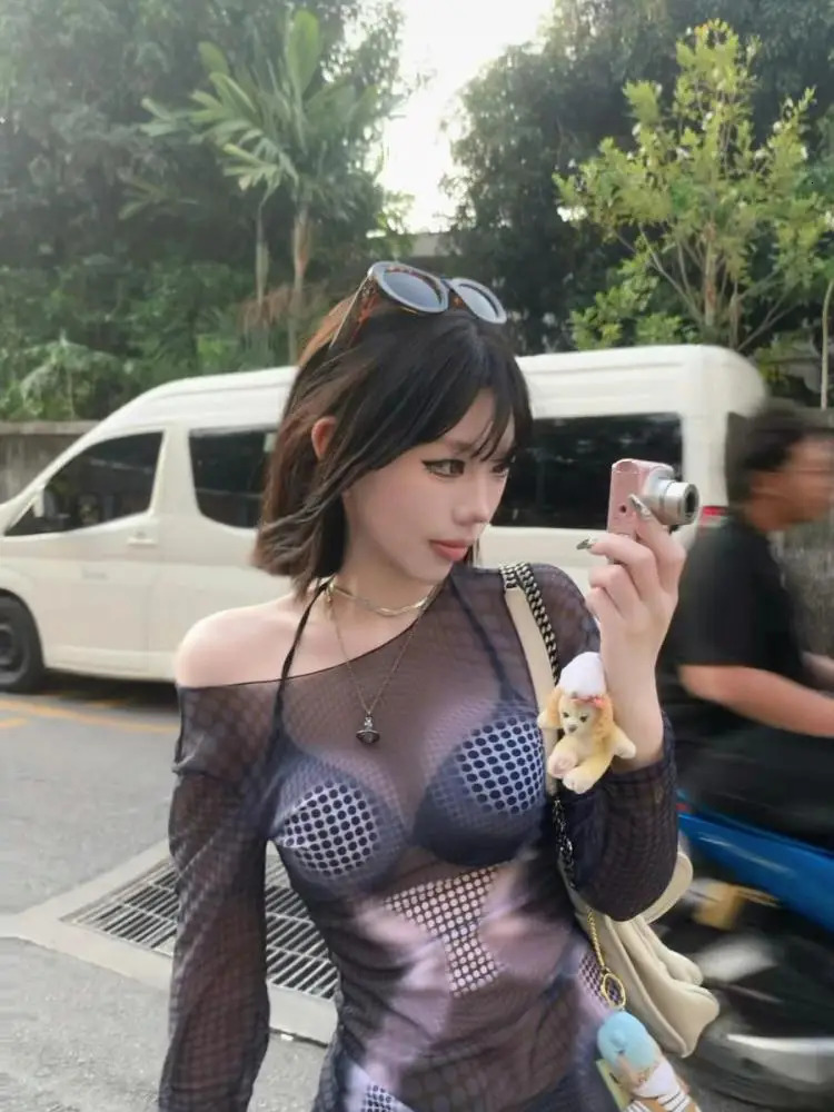 Tawaaiw Gothic Black Transparent Mesh Top Long Sleeve Perspective T-shirt Womens Clothing Korean Fashion 2000s Clothing Y2k T-shirt 241112