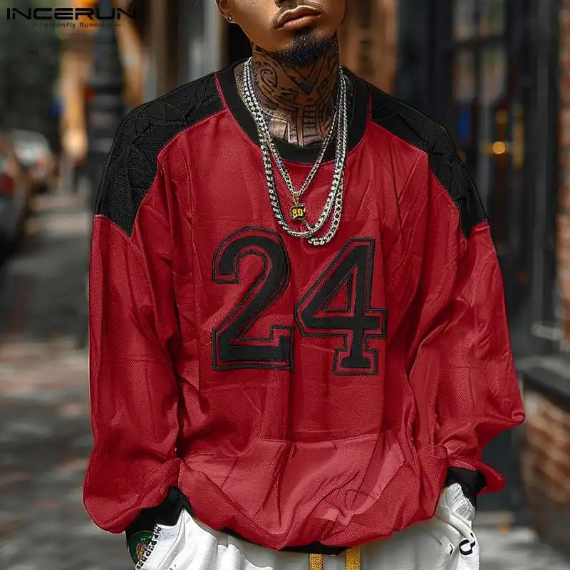 INCERUN mens T-shirt patch print O-neck long sleeved loose Camisetas streetwear sports and casual mens clothing 241112