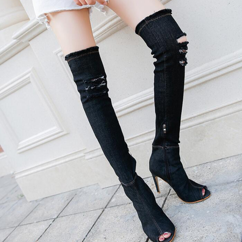 Women Autumn High Heels thigh high boots Female Shoes Hot Over The Knee Peep Toe Cowboy Boots Denim shoes 2023 6784