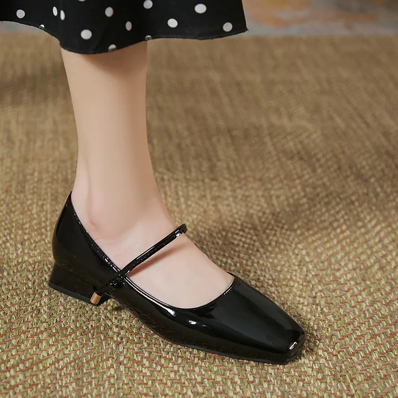 High Heels French Dress Party Shoes for Woman Platform Patent Leather Mary Jane Burgundy Black Square Toe Mid-heel Pumps 2024 241112