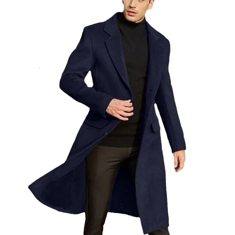 British Style Men Long Trench Coat Woolen Coat Mens Autum Winter Solid Color Warm 241112