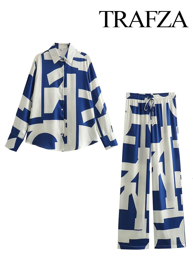 TRAFZA Spring Women Suits Geometric TurnDown Collar Long Sleeves Single Breasted ShirtsElastic Waist LaceUp Wide Leg Pants 240412