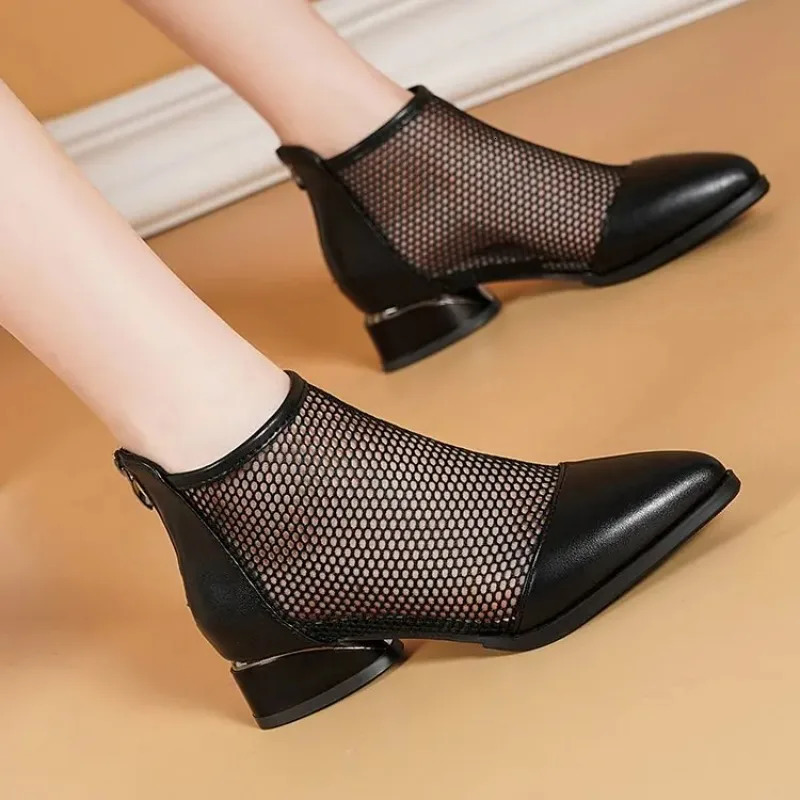 Summer Sexy Mesh Ankle Boots Pointed Toes Low Boots Womens Short Boots Thick Boots Spring Back Zipper Shoes 241111