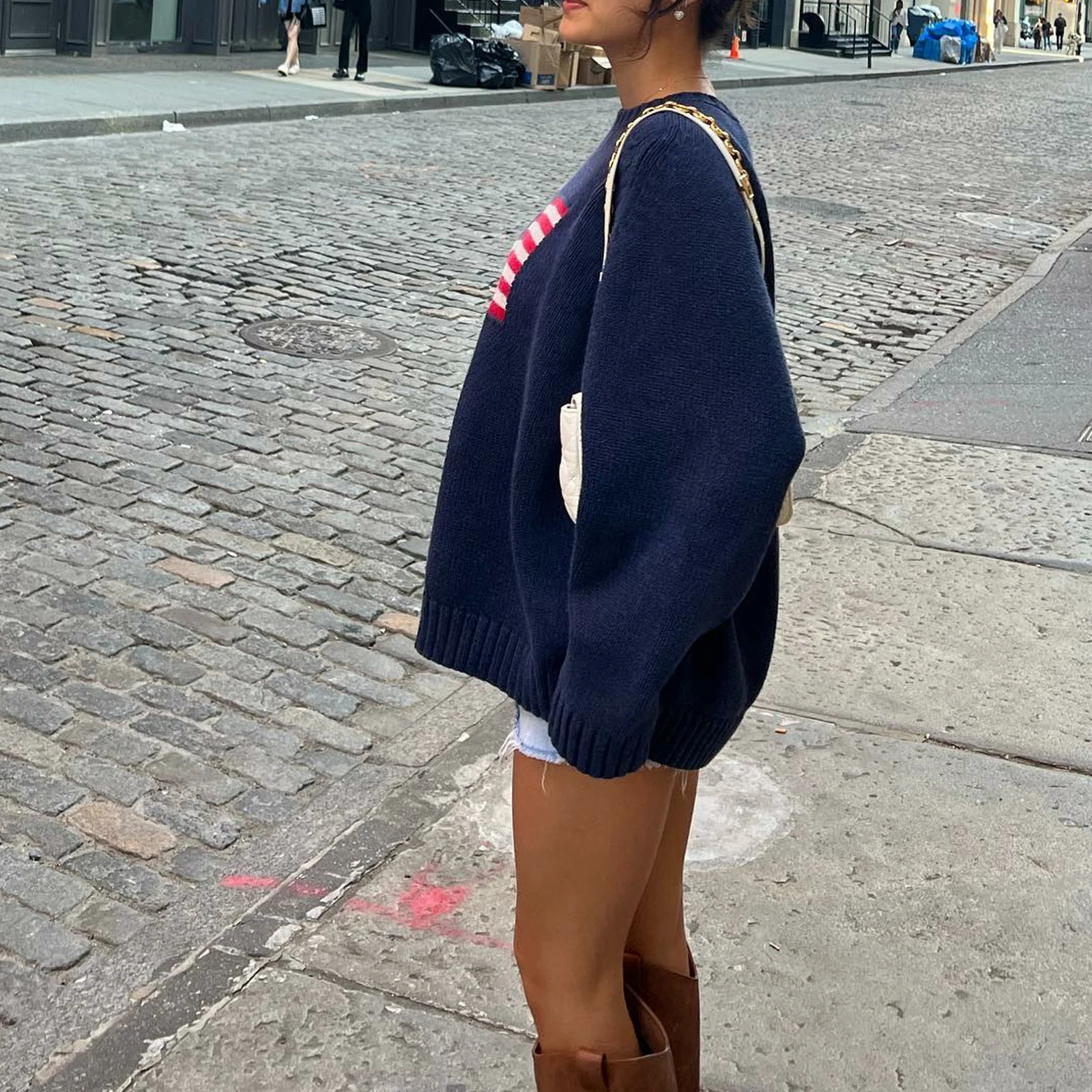 Y2K Long Sleeve Vintage Loose American Flag Sweaters Casual Round Neck Loose Fit Knit Harajuku Pullover Top Knitwear Streetwear 241111
