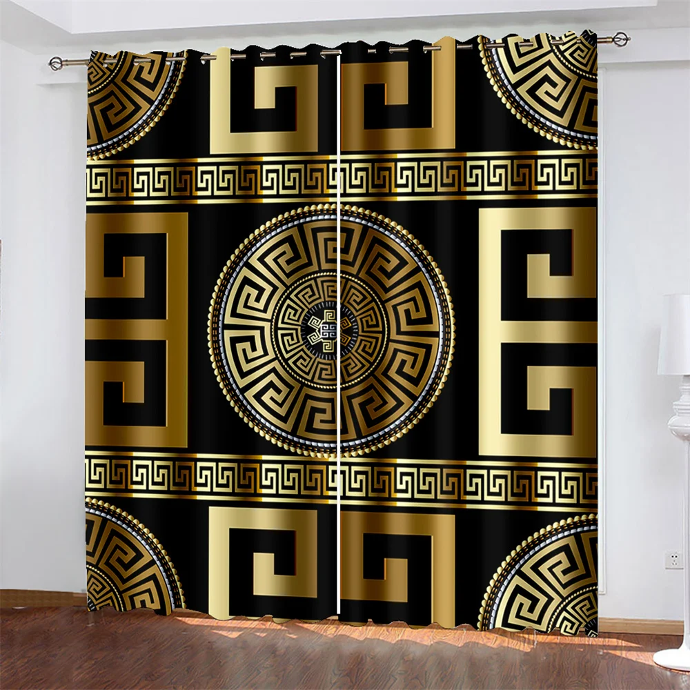 3D Print Modern Luxury Brand Design Black and Gold Pattern Thin Shading Polyester Curtain for Living Room Bedroom Decor Hooks