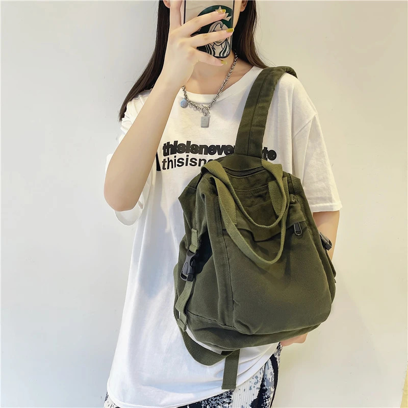 Womens medium-sized canvas textile backpack retro Korean style Y2K aesthetic expression school travel convertible bag Knapsack 241111