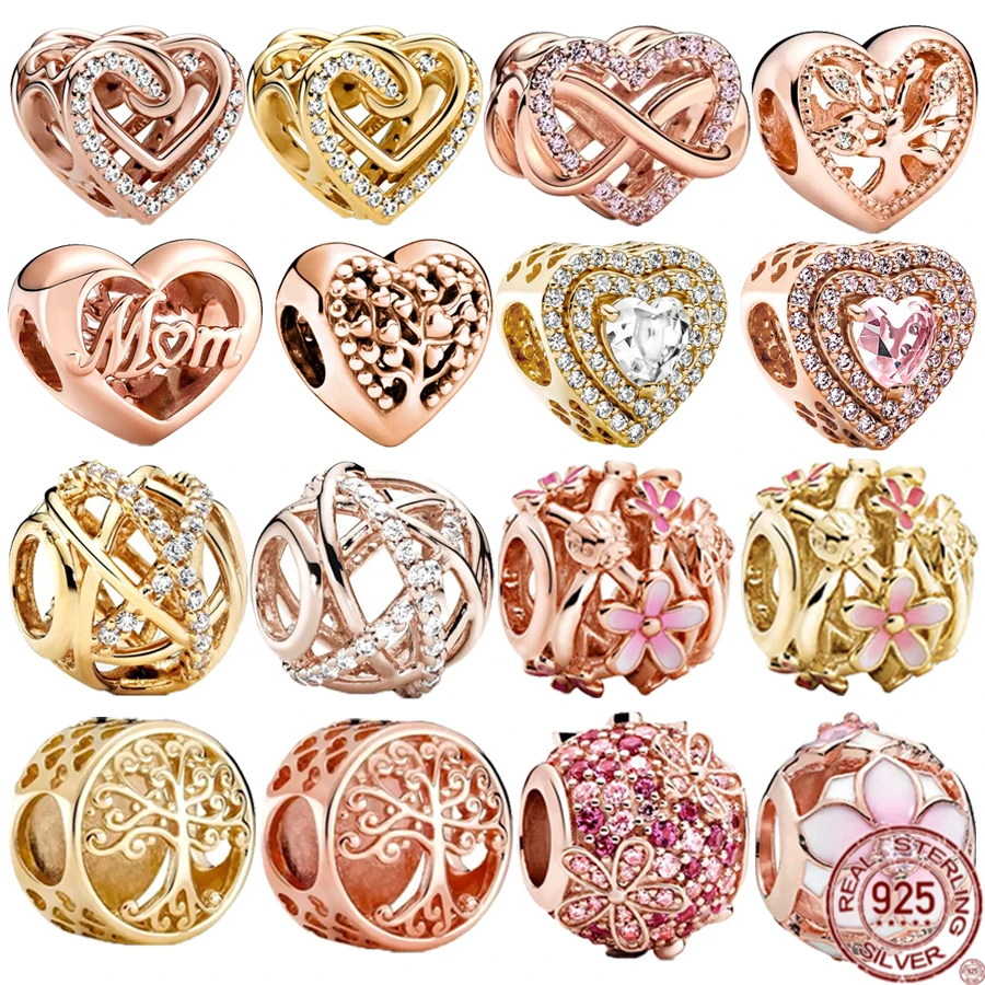 925 Sterling Silver Charm Beads Fit Original Bracelet Rose Gold Flowers beads Sparkling Heart-shaped Gold Tree Jewelry