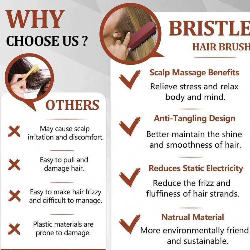 2 high-quality brushes with wooden handles to reduce curling and static scalp massage brush set suitable for all hair types W241112