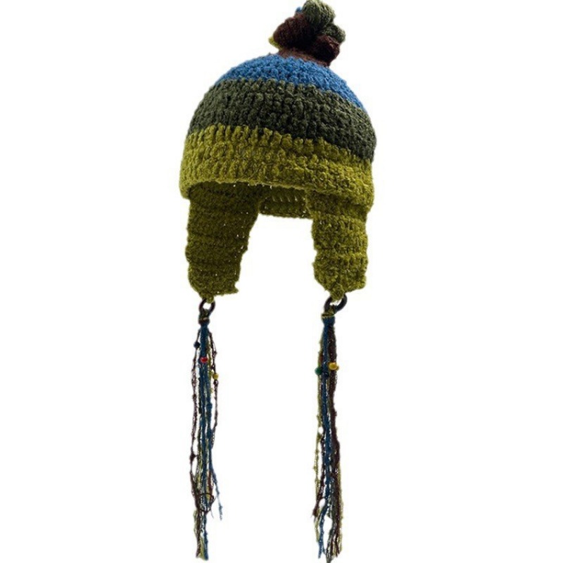 Y2K Autumn Winter Crochet Hats for Women Ears Warm Blue Green Beanies Female Preppy Windproof Cap Earflap Bomber Hat Gorra 002e8