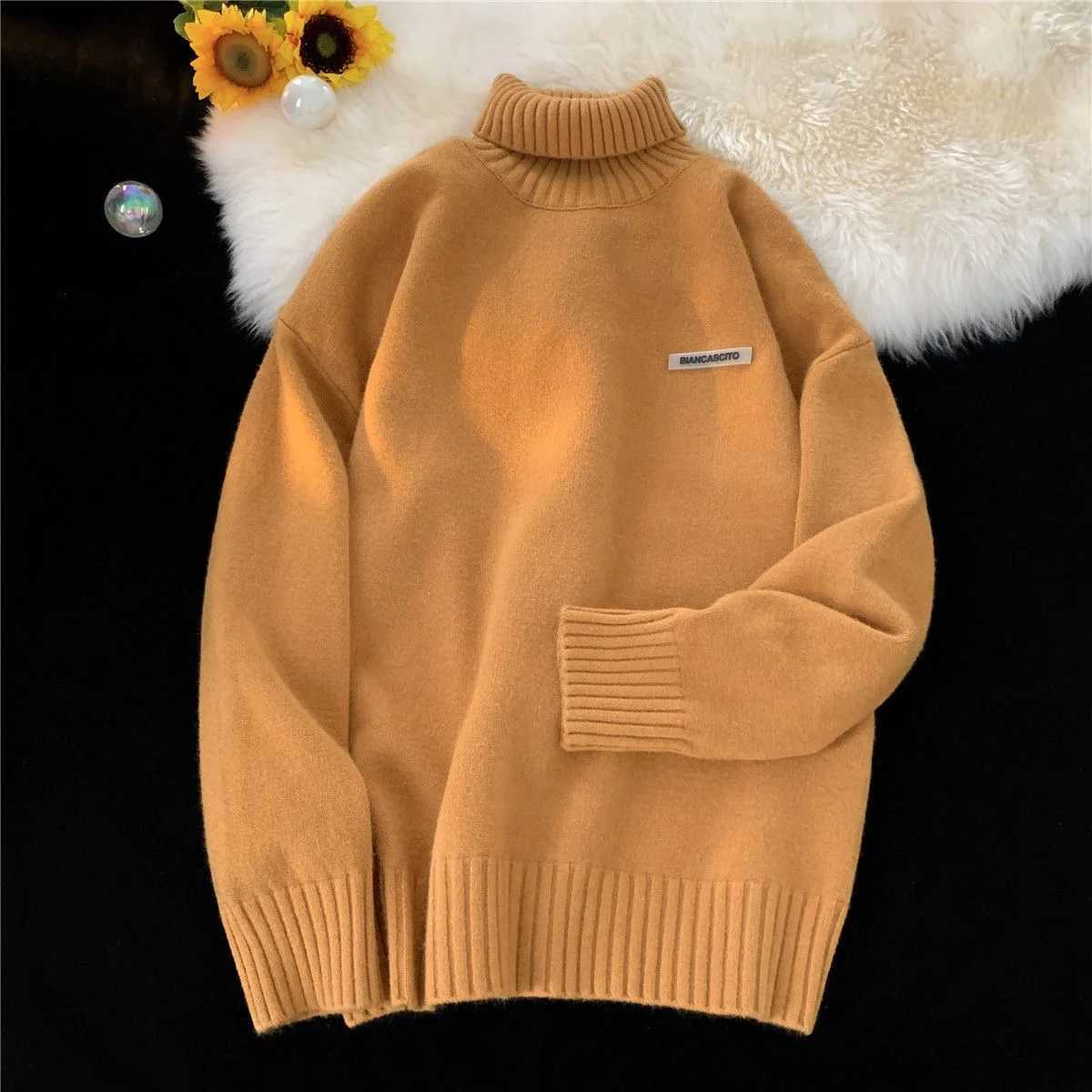 Winter Turtleneck mens printed sweater oversized knit warm and fashionable high-quality Korean mens floral top W2411111