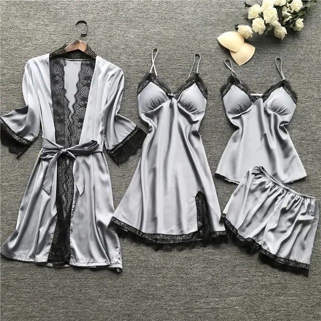Womens Pajama Set Satin Pajama Silk 4-piece Evening Dress Strap Lace Sleep Lounge Pajama with Chest Mat 241112