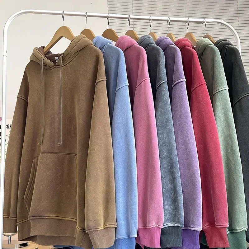 Mens Solid color washed hoodie Sweatshirt Couple Hoodie Long Sleeve Loose Japanese Harajuku Street Boy Pullover Sweater 241111