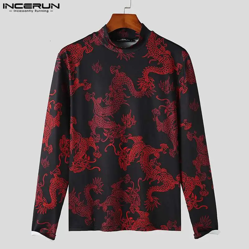 Mens Retro Printed Turtle Neck Long Sleeve Casual Camisetas Street Fitness Autumn Underwear S-5XL INCERUN 241112